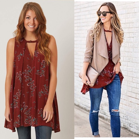 FREE PEOPLE Tree Swing Tank Top XS Key Hole Tunic Floral Boho Bohemian Pockets - Picture 5 of 14